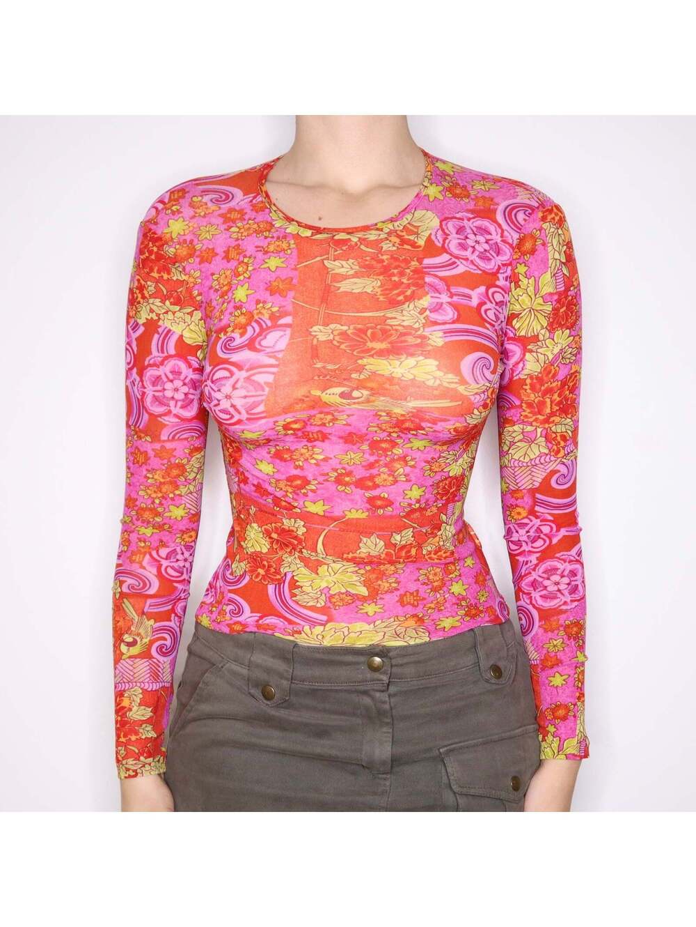 Y2K Italian Bright Floral Mesh Long Sleeve Top (S/M)